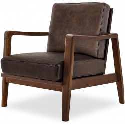 Accent Chair 1inchome Mid Century Modern Chair Retro Armchair with Wood Frames and Upper Cow Leather Upholstered Removable Cushions Leisure Slipper Chair for Living Room Bedroom 1pcs Walnut