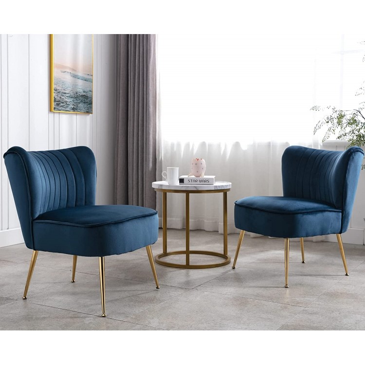 CIMOTA Velvet Accent Chairs Set of 2 Modern Armless Slipper Chair Wingback Single Sofa Side Chair Comfy Corner Chair with Golden Legs for Living Room Bedroom Navy Blue