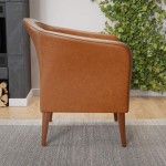 Edenbrook Collins Button Tufted Barrel Wood Legs – Upholstered Tub Chair for Living Room Camel Faux Leather
