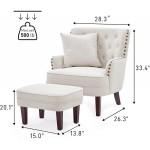 HUIMO Accent Chair with Ottoman and Pillow Living Room Club Chair and Ottoman Set with Bronzer Nail Head Trim Wooden Legs Comfy Reading Chair for Bedroom Upholstered Button Tufted Armchair Beige