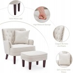 HUIMO Accent Chair with Ottoman and Pillow Living Room Club Chair and Ottoman Set with Bronzer Nail Head Trim Wooden Legs Comfy Reading Chair for Bedroom Upholstered Button Tufted Armchair Beige