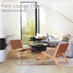 LUE BONA Accent Chair Set of 2 Midcentury Modern Accent Chairs Set Cognac Leather and Natural Wood 300Lbs Boho Woven Leather Rattan Accent Chair Lounge Chair for Living Room Bedroom Balcony
