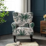 Mellcom Mid Century Wingback Arm Chair,Modern Upholstered Fabric High Back Accent Chair with Wood Legs,Upholstered Single Sofa Club Chair for Living Room Bedroom Home Office Green Leaves