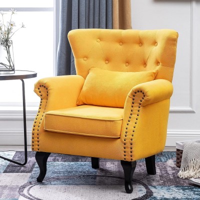 MELLCOM Modern Accent Chair with Tufted Button Wingback Yellow Sofa Chair with Round Armrests Solid Wood Legs Waist Pillow Accent Chairs for Living Room and Bedroom Yellow