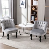 Modern Velvet Accent Slipper Chairs Set of 2 21.7" Wide Button Tufted Living Room Chair with Solid Wood Legs 16.1” Seat Height Barrel Chair Mid Back Side Chair for Bedroom Small Places Grey