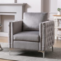 Modern Velvet Armchair Harper & Bright Designs Tufted Button Accent Chair Club Chair with Steel Legs for Living Room Bedroom Grey