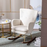 Modern Velvet Rocking Chair Upholstered Button Tufted Nursery Chair with Wooden Base Comfy Baby Nursing Chair with Wingback High Back Rocker Chair for Bedroom Living Room Chair White