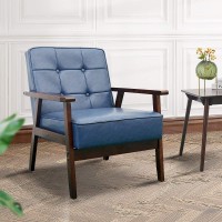 Okeysen Accent Chair Mid Century Modern Leather Accent Chairs for Living Room Retro Reading Arm Chair Wooden Single Chair for Living Room Bedroom Waiting Room Navy Blue Button Tufted