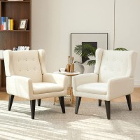 WACASA Button Tufted Linen Fabric Accent Wingback Chair Set of 2 Upholstered Mid Century Modern Arm Chairs for Bedroom Living Room Beige White