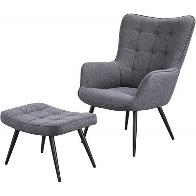 Yaheetech Living Room Chair & Ottoman Modern Accent Chair Fabric Armchair with Footstool Loung Chair with Footrest Home Bedroom Living Room Gray