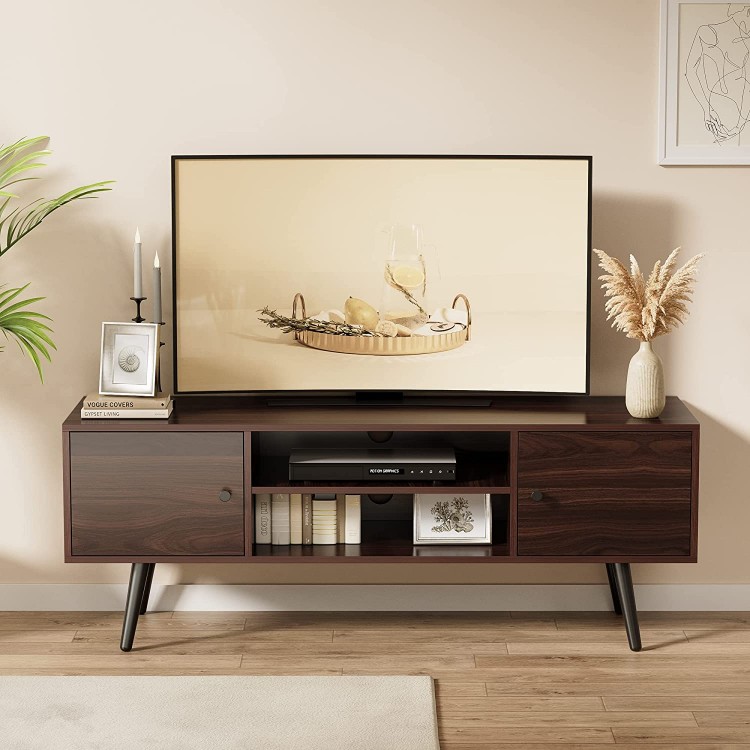 Cozy Castle Mid-Century Modern TV Stand for 55 60 inch TV Entertainment Center with Storage Cabinet and Open Shelves TV Media Console for Living Room Bedroom and Office Brown
