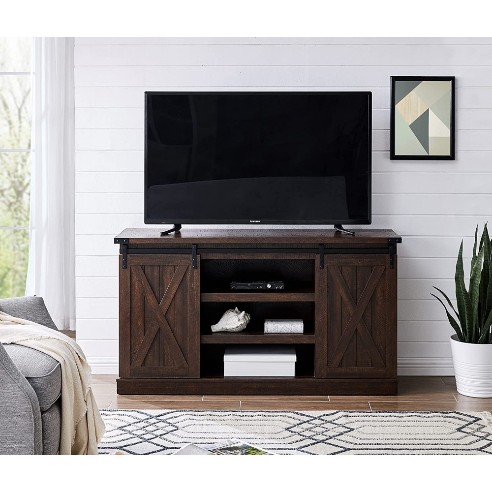 EDYO LIVING Farmhouse Sliding Barn Door TV Stand for TV up to 65 Inch Flat Screen Media Console Table Storage Cabinet Wood Entertainment Sturdy Center Ranch Rustic Style Espresso