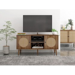 Farmhouse Rattan TV Stand for TVs Up to 45 Inch Modern Storage Cabinet Entertainment Media Center Console Table with Open Shelf for Living Room Furniture Decor Walnut