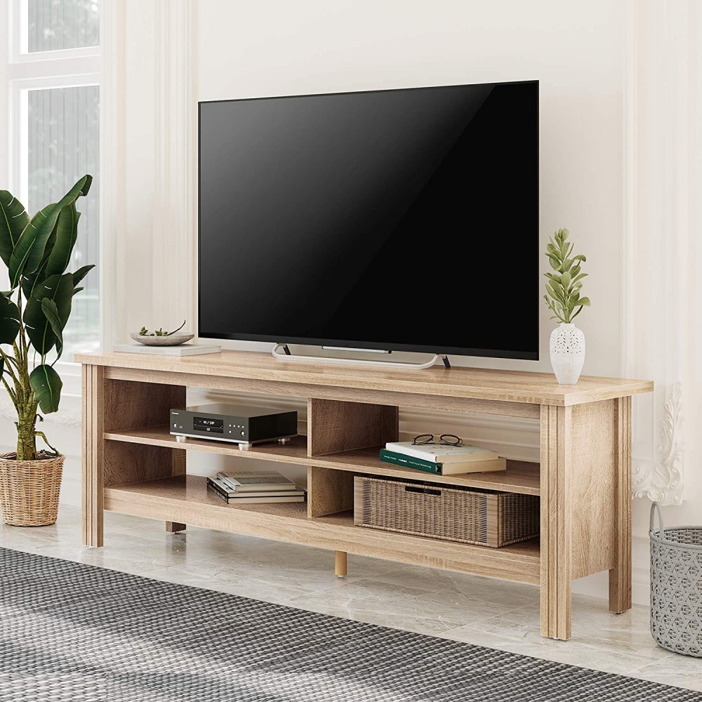 FITUEYES Classic TV Stand for TVs up to 65 Inches White Oak Entertainment Center for 60 inch TV Console Table with 4 Cubby Storage for Living Room Bedroom