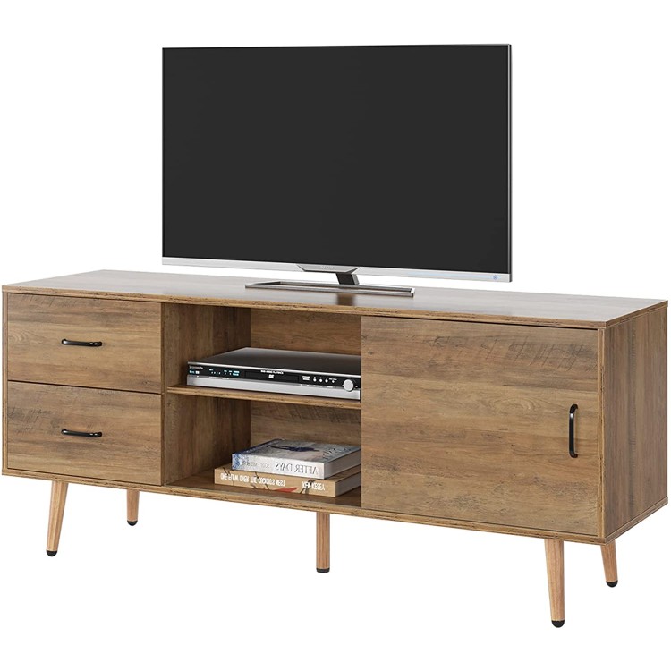 Mid Century Modern TV Stand for TVs up to 60“ Wood Entertainment Center with Sliding Door Console Media Table with Adjustable Shelves and Drawers TV Cabinet for Living Room Rustic Brown
