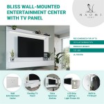 Naomi Home Bliss Modern Freestanding Wall Mounted Entertainment Center Floating TV Wall Panel for 70 inch TVs Home Theater with LED Strip Pull-Out Drawers and Overhead Shelf – White Natural