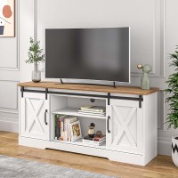 POVISON Farmhouse TV Stand Sliding Barn Door Rustic Entertainment Center for TVs Up to 65 Inch Modern Wood TV Cabinet Storage for Living Room Tall Media Console Table with Adjustable Shelves White