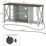 Seventable TV Stand with Power Outlets and LED Lights 43" TV Console with Glass Shelf for TVs up to 55” Farmhouse Entertainment Center for Living Room White