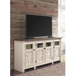 Signature Design by Ashley Bolanburg Two Tone Farmhouse TV Stand Fits TVs up to 72" 3 Cabinets and Adjustable Storage Shelves Whitewash