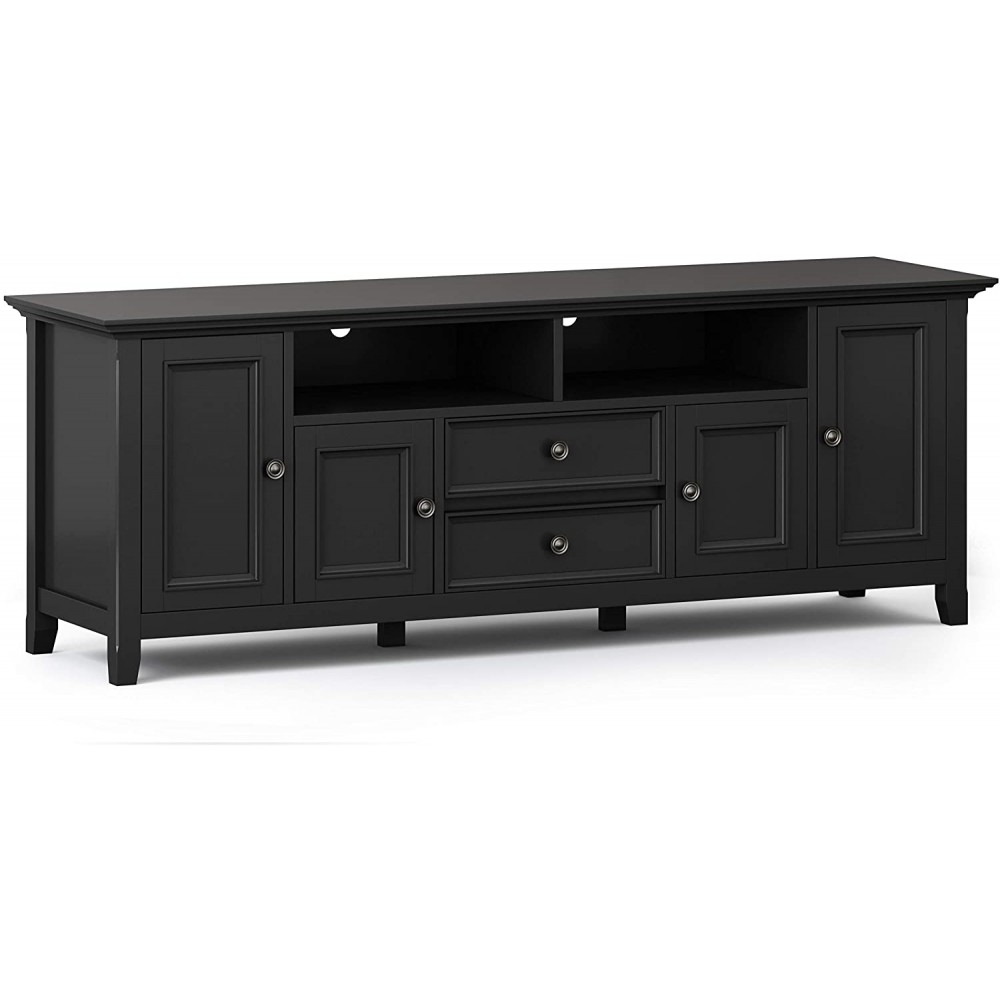 SIMPLIHOME Amherst SOLID WOOD Universal TV Media Stand 72 inch Wide Transitional Living Room Entertainment Center Shelves Cabinets for Flat Screen TVs up to 80" Black