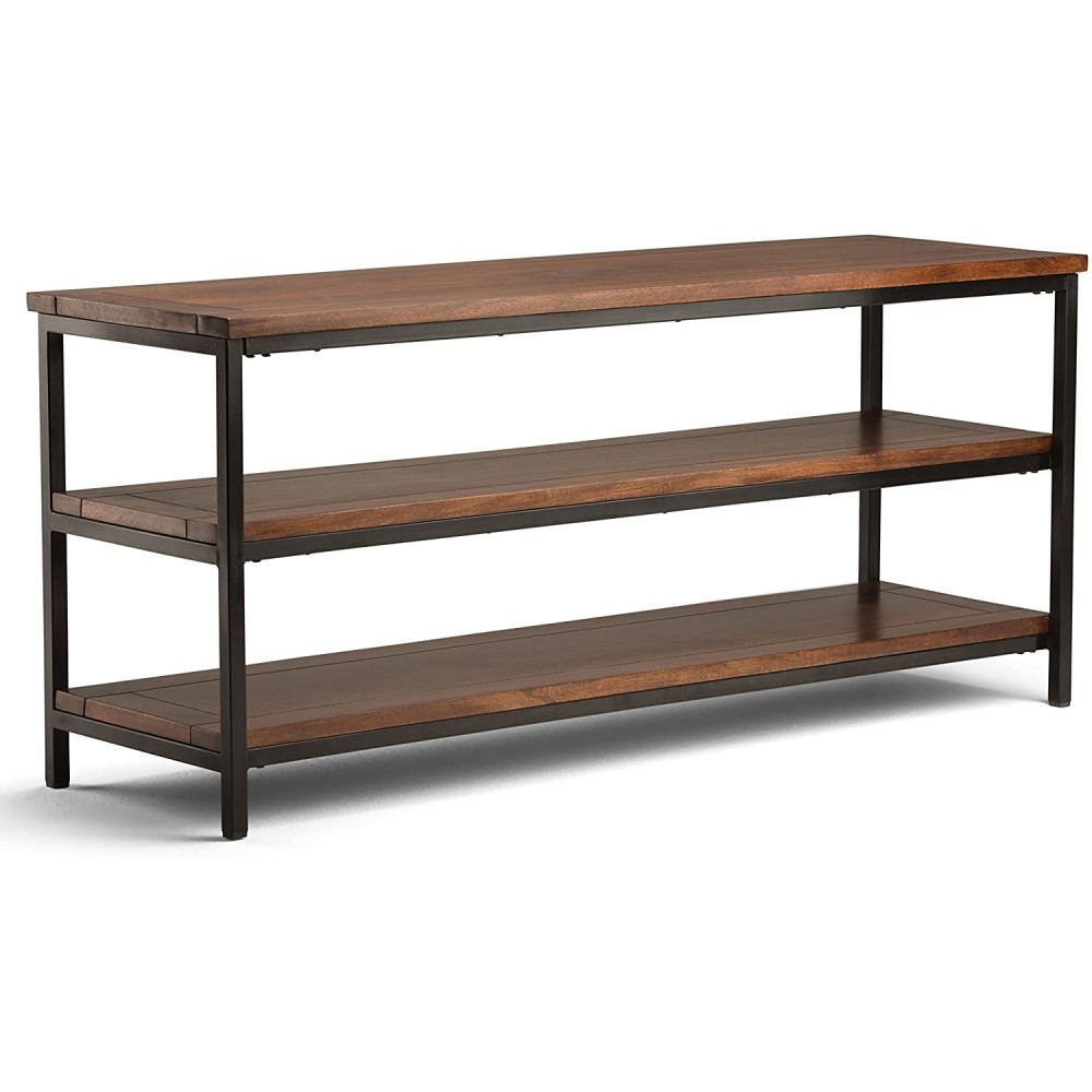 SIMPLIHOME Skyler SOLID WOOD Universal TV Media Stand 72 inch Wide Modern Industrial Living Room Entertainment Center Shelves for Flat Screen TVs up to 70 inches in Dark Cognac Brown