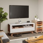 Tangkula Modern TV Stand with Drawers Wood Entertainment Center for TVs up to 50 Inch Media Console with 2 Drawers & Open Shelf Extra Support Leg TV Console Table Coffee Table for Living Room
