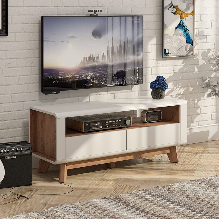 Tangkula Modern TV Stand with Drawers Wood Entertainment Center for TVs up to 50 Inch Media Console with 2 Drawers & Open Shelf Extra Support Leg TV Console Table Coffee Table for Living Room