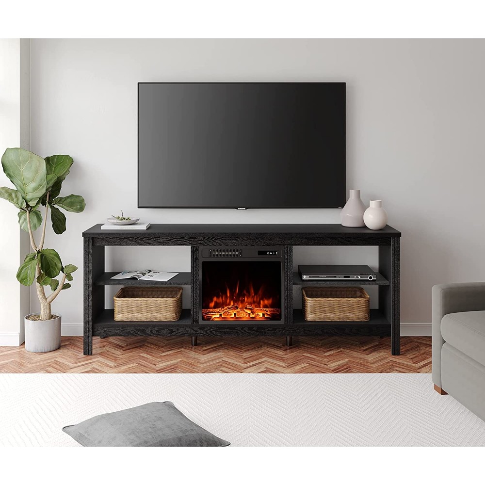 TV Stand Fireplace TV Stand for 65 Inch TV Entertainment Center Farmhouse Electric Fire Place Wood TV Console Table Cabinet with Storage Remote Control 5 Flame Brightness for Living Room,Black