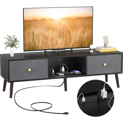 Unikito TV Stand for 55 60 inch TV with Outlet Entertainment Center with Open Shelves TV Table with 2 Storage Drawer Media Console Cabinet for Living Room Bedroom Media Room Black Modern TV Stand