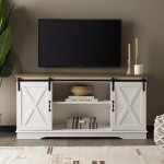 Walker Edison Richmond Modern Farmhouse Sliding Barn Door TV Stand for TVs up to 65 Inches 58 Inch White and Rustic Oak