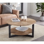 35.3" Round Coffee Table Solid Wood Living Room Cocktail Table with 2-Tier Storage Shelf Industrial Sofa Center Table with Metal Legs,Easy Assembly Rustic Brown KFZ1338