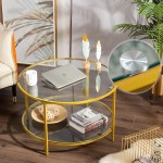 Bonnlo 31.5" Round Coffee Table with Open Storage Shelf,2-Tier Temperred Glass Round Accent Coffee Table with Metal Frame Gold