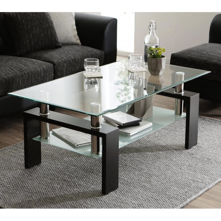 Depointer Life Glass Coffee Table Rectangle Coffee Table for Living Room Modern Side Coffee Table with Lower Shelf,Perfect for Living Room Conversation Leisure Occasions Metal Leg,Black