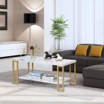 Giantex Coffee Table Rectangular 2-Tier W Gold Print Metal Frame and Hollow Metal Legs Upgraded Water Resistant Version for Living Room Accent Furniture Beside Sofa Cocktail Table