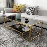 Glass Coffee Table Gold Accent Modern Tempered Glass Side Table Additional Storage Shelf & Metal Frame for Living Room Home Classy Furniture Office Decor