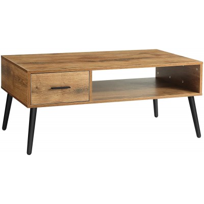 HAIOOU Coffee Table Industrial TV Table with 1 Drawer and Open Storage Shelf for Living Room Modern Mid-Century Cocktail Table with Stable Pine Leg for Home Office Easy Assembly Retro Brown
