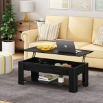 HOMEFORT Lift Top Coffee Table Wood Cocktail Table with Hidden Compartment and Storage Shelves for Living Room Reception Room Black