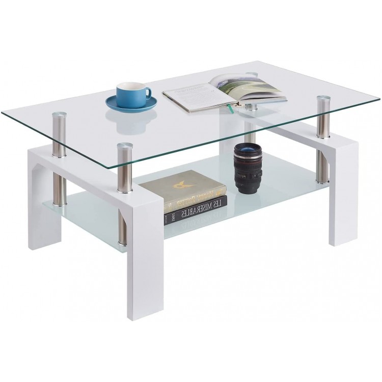 HOTYARD Modern White Glass Coffee Table for Living Room Rectangle Center Table Clear Tea Table