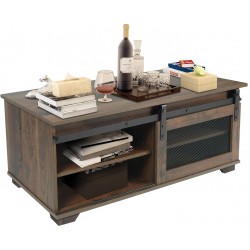 Hrooarem Industrial Coffee Table Modern Cocktail Table with Sling Barn Door Wooden & Metal Table with Adjustable Storage Shelf for Living Room Sturdy and Rustic Brown 39.4*19.7*17.7 inch YJKF001