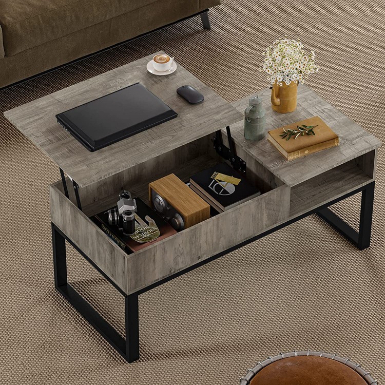 Ittar Lift Top Coffee Table Coffee Table for Living Room Reception Room with Hidden Storage Side Shelf & Metal Frame Lift Tabletop Dining Table Oak Gray