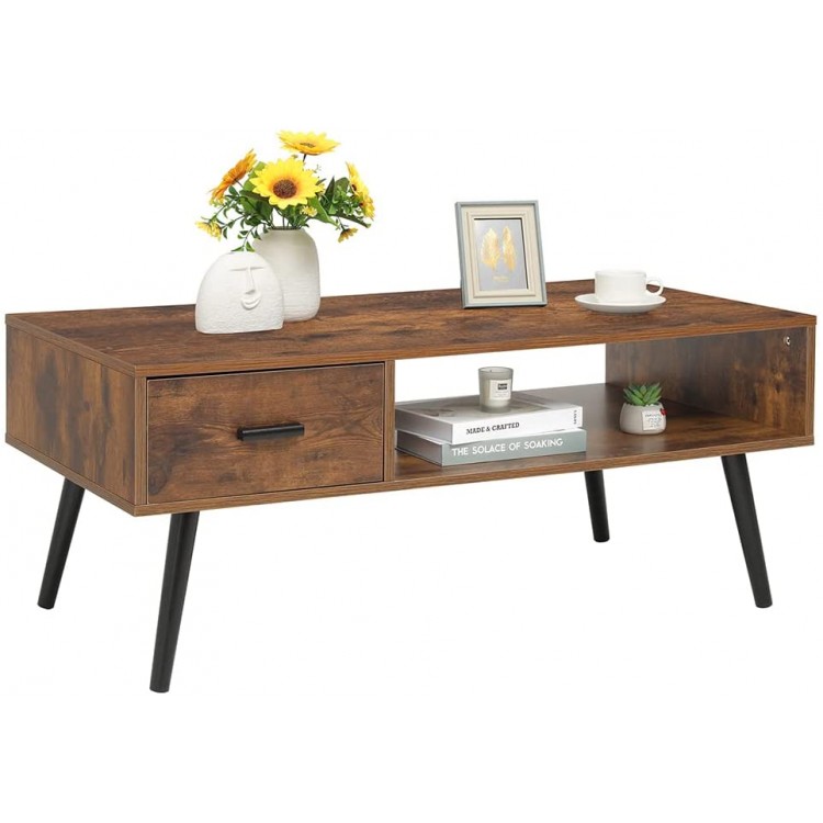 IWELL Mid Century Coffee Table with Drawer and Storage Shelf for Living Room Wood Cocktail Table Accent TV Table for Reception Room Office Easy to Assemble Rustic Brown