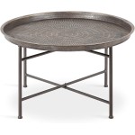 Kate and Laurel Mahdavi Boho-Chic Hammered Metal Tray Coffee Table Brushed Silver