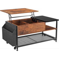 Lulive Lift Top Coffee Table with Storage Industrial Rustic Wood Top Coffee Table with Hidden Storage Compartment Storage Shelves and Side Pouch for Living Room Working and Relaxing