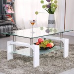 Mecor Rectangle Glass Coffee Table-White Modern Side Coffee Table with Lower Shelf Metal Legs-Suit for Living Room