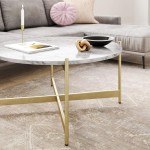 Nathan James Piper Faux White Marble Round Modern Living Accent Side or Coffee Sofa Center Table for Dining Room Tea with Metal Frame Gold Brass
