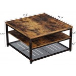 Rolanstar Coffee Table with Storage Shelf 31.5” Square Wood Coffee Table 3-Tier Rustic Coffee Table with Storage Metal Shelves for Living Room Rustic Brown