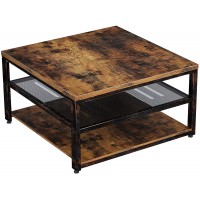 Rolanstar Coffee Table with Storage Shelf 31.5” Square Wood Coffee Table 3-Tier Rustic Coffee Table with Storage Metal Shelves for Living Room Rustic Brown
