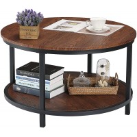 Rustory 2-Tier Rustic Round Coffee Table Industrial Furniture Accent Table with Storage Open Shelf for Living Room Wooden Surface Top & Sturdy Metal Legs Dark Walunt