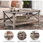 SHA CERLIN 40 Inches Modern Farmhouse Wood Coffee Table with X-Shaped Metal Frame Support Wood Look Accent Cocktail Table with Storage Shelf Sturdy Grey Wash