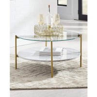 Signature Design by Ashley Wynora Contemporary Round Coffee Table with Glass & Faux Marble White & Gold